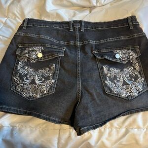 SHEIN Black Jean Shorts with Ornate Embroidery
